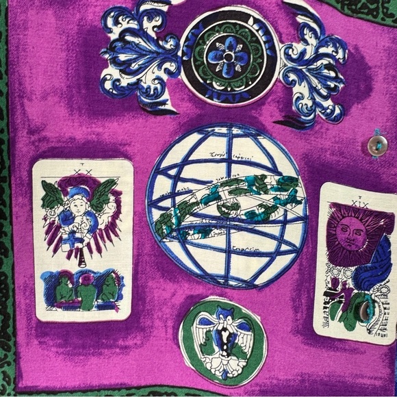 COMO Studio Vintage Artsy Hippie Tarot Print Shirt Teal Purple Rayon Size 6 - Picture 10 of 16